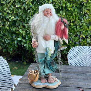Large Artist Signed 2002 Tropical SANTA with Mermaid Seahorse Shells on Beach